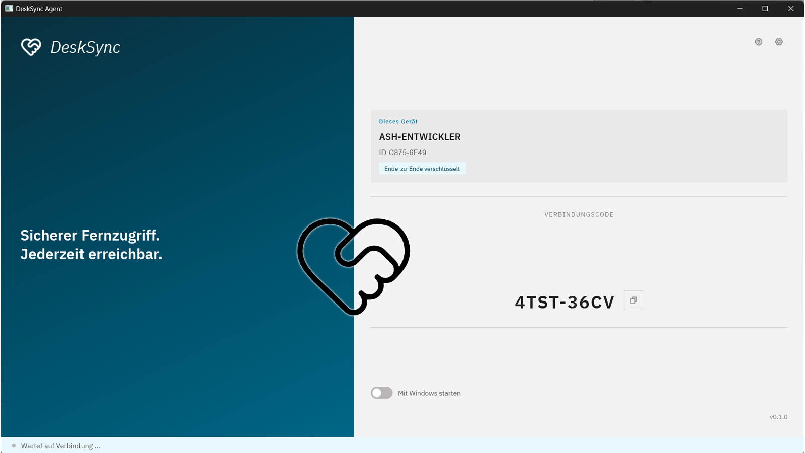 DeskSync Verbindungscode-Bildschirm der Desktop-App